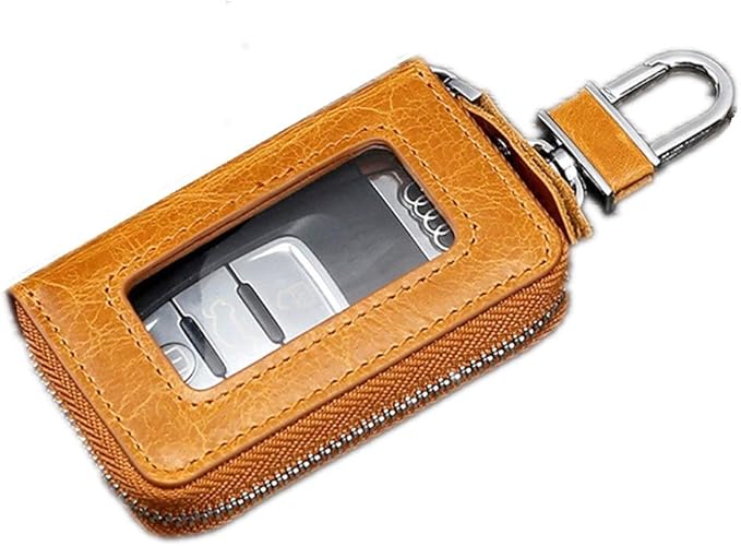 BAKUN Premium Mini Leather Car Key Case, Car Smart Key Chain Holder Wallet Zipper Bag for Remote Key Fob