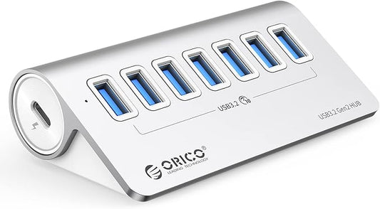 ORICO 7-Port USB 3.2 Gen2 Hub, Desktop USB 3.2 Hub with 7 USB-A Ports, 5V 3A Power Supply Port, 10Gbps Aluminium USB-Splitter with 1.64Ft USB-C to USB-A/C Cable for iMac, MacBooks, Mac mini