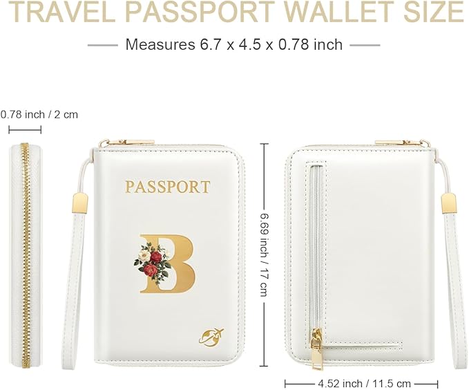 Passport Holder for Travel Personalized Passport Holder Initial Letter Rose Flower RFID Blocking Travel Wallets Credit Cards Holder for Women Men, White B