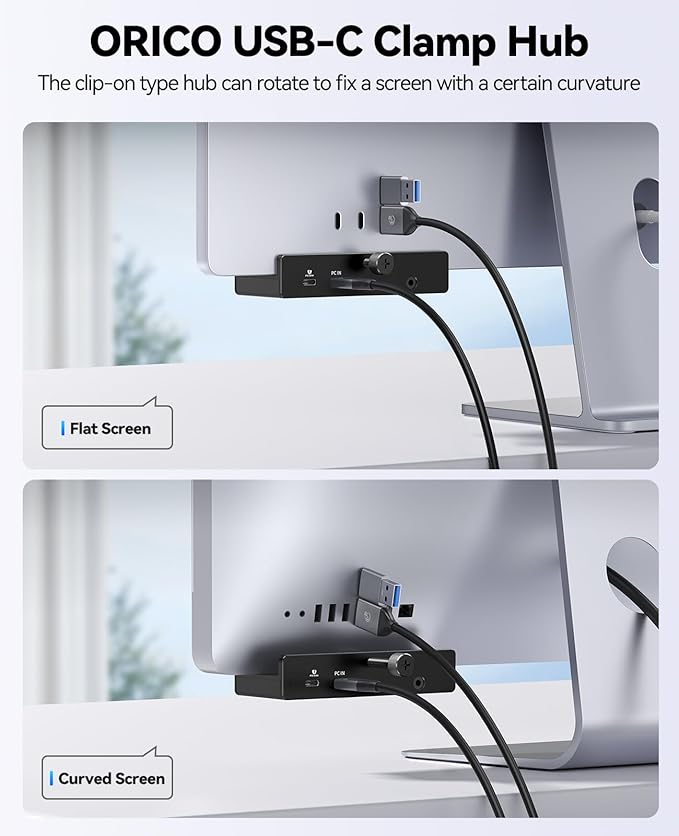 ORICO USB Hub 3.2, USB-Hub Clamp with Type-C PD 60W Port, 10Gbps Aluminum 6-Port USB Extender with 2 USB-A 3.2 Ports, USB-C 3.2, SD/TF Card Reader 3.0, AUX, USB-3.2 Splitter for Monitor, Desk