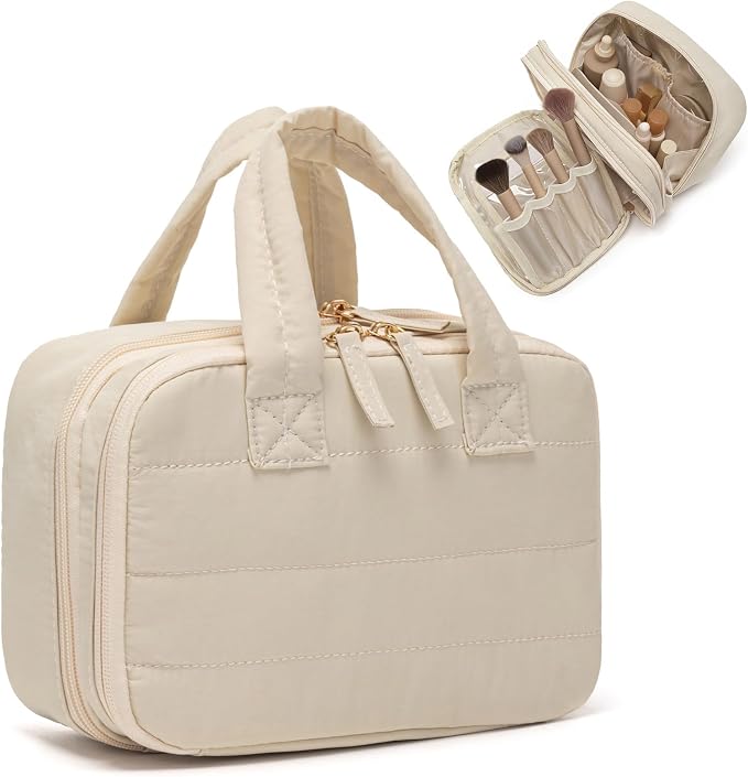 Small Makeup Bag, Travel Cosmetic bag, Toiletry Bag For Women, Make up Bag With Brush Storage, Hanging Toiletry Bag, Puffy Padded Makeup Organizer Case, Wide-open Travel Essentials (Beige)