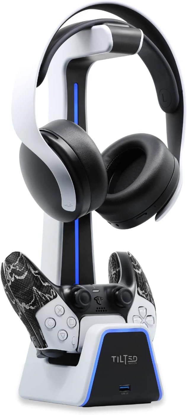 Tilted Nation Gaming Headset and Controller Stand | Premium PS5 Accessories (Clean Space with Charging Station) Headphone and Controller Holder for Desk, PlayStation 5, Xbox Game,