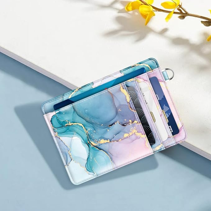 Coco Rossi Slim Front Pocket Wallet RFID Leather ID Card Holder Cute Small Wallet with Keychian for Women,Gradient Marble