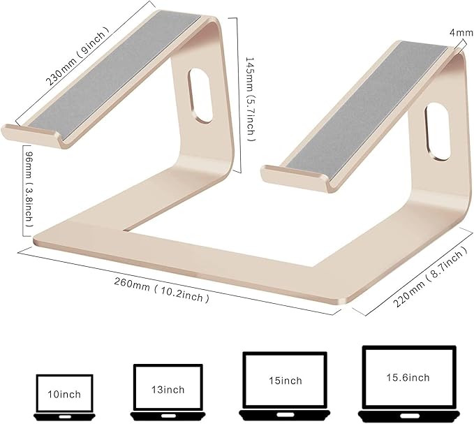Orionstar Ergonomic Laptop Stand, Premium 5mm Aluminum Riser for 10-15.6 Inch Notebook Computer, Tool-Free Detachable Elevator Holder for Desk Office, Sturdy Riser for Eye-Level Neck Relief (Gold)