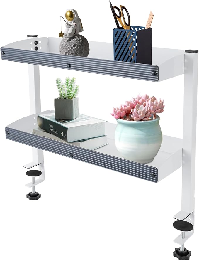 Clamp-on Desk Shelf, Desktop or Under-Desk 2-Tier Shelving Unit with Adjustable Metal Storage Tray, Clip-on Desk Shelf Office Organization (White)