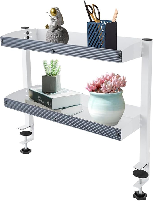 Clamp-on Desk Shelf, Desktop or Under-Desk 2-Tier Shelving Unit with Adjustable Metal Storage Tray, Clip-on Desk Shelf Office Organization (White)