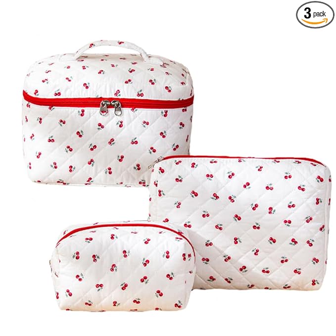 FITINI Makeup Bag Travel Large Quilted Toiletry Bag 3 Pack Portable Cosmetic Organizer Pouch with Small Brush Storage Case Zipper Waterproof for Women,Quilting Cherry
