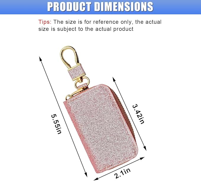 Bling Car Key Case, Leather Keyring Zipper Bag with Metal Hook, Remote Key Fob Cover, Auto Keychain Holder (Rose Gold)