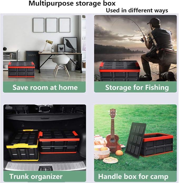 Collapsible Storage Bins with Lids 55L, Trunk Organizer for SUV Foldable Plastic Outdoor Storage Containers with Secure Latches, Waterproof Cargo Box for Camping Home, Garage, Closet 2PCKS