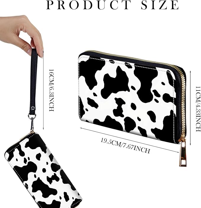 Zip Around Wallets for Women with Detachable Wrist Strap, Large Capacity RFID Blocking Leather Purse Organizer Card Holder Wristlet,Cow Print