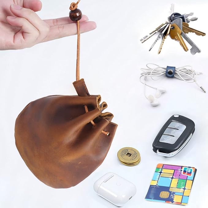1 Pcs Mini Leather Drawstring Coin Purse Vintage Leather Coin Bag, Coin Organizer, Change Holder,Leather Drawstring Pouch for Men & Women