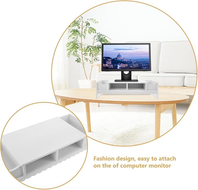 STOBOK Monitor Stand with Drawer Laptop PC Monitor Riser Rack Holder Desk Organizer Tabletop Storage Cabinet Wooden White
