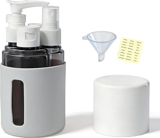 4-in-1 Round Refillable Cosmetic Container Kit, Leak Proof Portable Travel Toiletry Bottles, TSA Approved Travel bottles, Empty Jars for Cosmetics Lotion Shampoo (Grey)