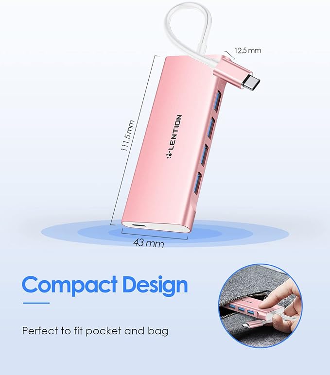 LENTION USB C Hub with 4 USB 3.0 & Type C Charging Compatible 2025-2016 MacBook Pro, 2025-2018 Mac Air, New Surface, Chromebook, More, Stable Driver Certified Type C Multiport Adapter (Rose Gold)