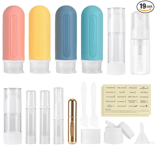 19 Pack Travel Bottles TSA Approved, 3OZ Leakproof Silicone Refillable Travel Size Containers for Toiletries, BPA Free Travel Accessories Tubes Cosmetic Shampoo Lotion Soap
