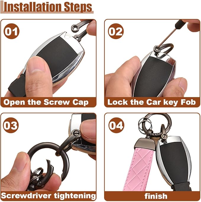 Leather Car Keychain - 360 Degree Snap Swivel Key Ring - Key Tag Car Key Fob Keychain Holder with Anti-Lost D-Ring - Key Organizer for Men Women (Pink)