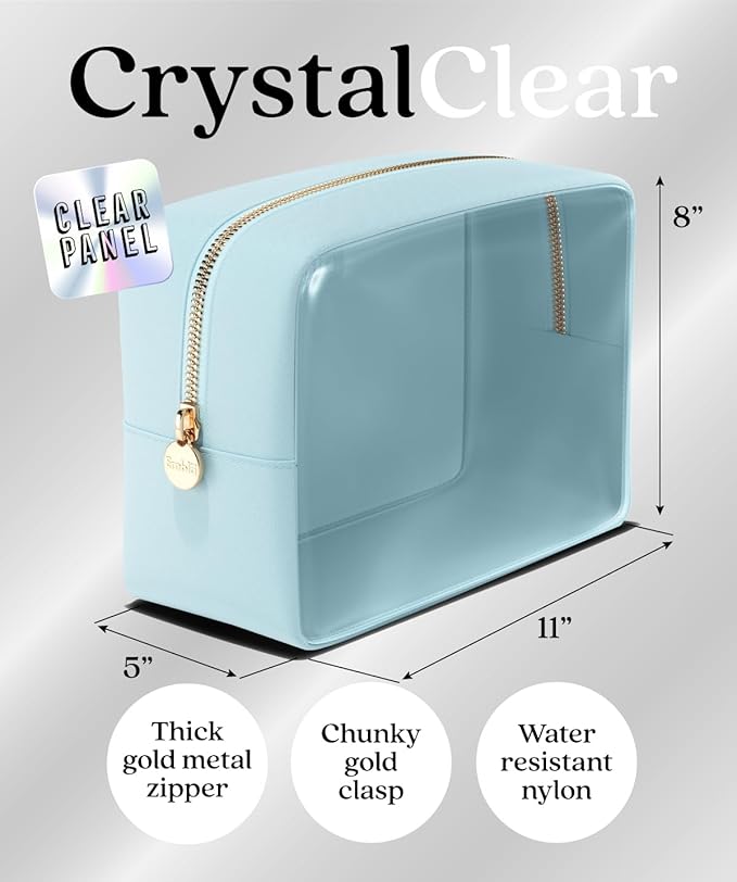 Embla Clear Large Makeup Bag Cute Big Make Up Nylon Pouches Travel Bathroom Bags for Toiletries XL Cosmetic Pouch for Women Girls Extra Large Zipper Toiletry Skincare Organizer Blue