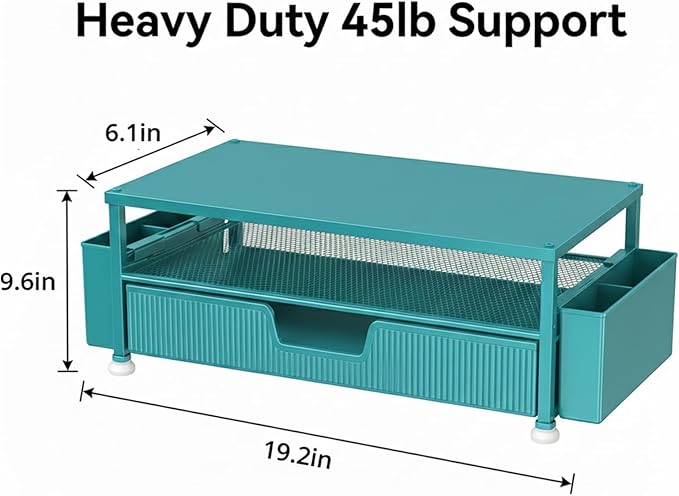 ECOLOVI Desk Organizer and Accessories, 2-Tier Computer Monitor Stand Rise with Storage Drawer & 2 Pen Holders, Laptop & Printer Stand for Desktop, Workspace Organizers for Office Supplies (Blue)