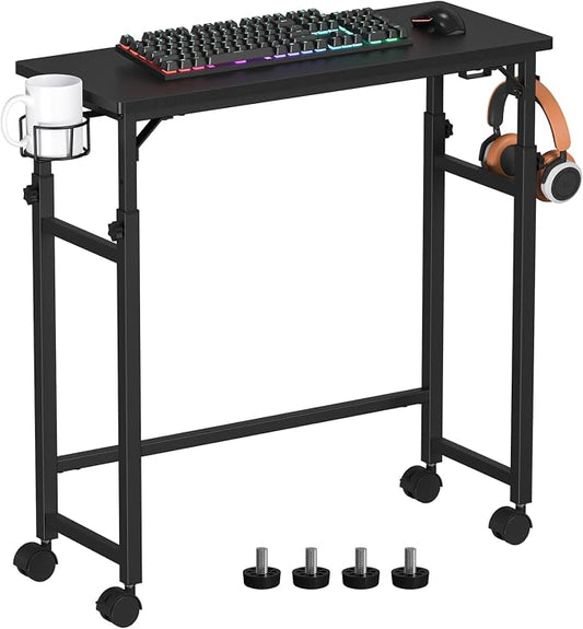Snughome Mobile Keyboard Tray with Wire Cup Holder & 2 Storage Hooks, Height Adjustable 27.5"–44.4", Rolling Standing Desk Keyboard Platform with Lockable Casters for Home Office, Black