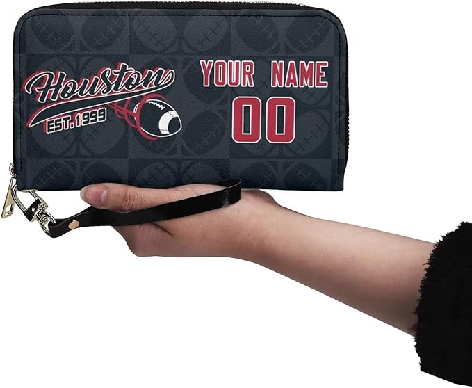 Custom Sports Team Zip Organizer Wallet-Personalized PU Leather Wallet with Name Number,Multi-Card Slots,Wrist Strap,Fan Gift for Men Women.