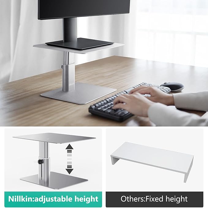 Nillkin Monitor Stand for Desk, Adjustable Height Computer Monitor Stand, Ergonomic Aluminum Computer Stand for Desktop Monitor, iMac, Studio Display XDR, Dell, HP, Lenovo, Other Screen Display, Silver