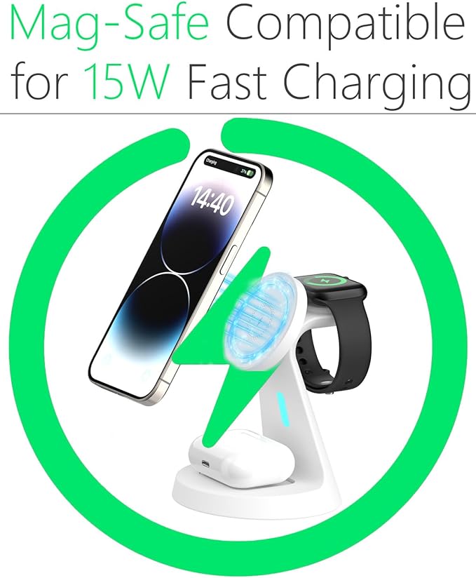 Wireless Charger Compatible with Mag-Safe,3 in 1 Charging Station for iPhone17/16/15/14/13/12 Series, Apple Watch,AirPods,15W Fast Charging (Adapter Included)