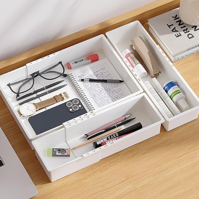 Expandable Drawer Organizer for Kitchen, Bathroom & Office – Adjustable Plastic Storage Tray for Utensils, Makeup, Cutlery, Desk Supplies – BPA-Free, Stackable, No Assembly Required (3 PCS)