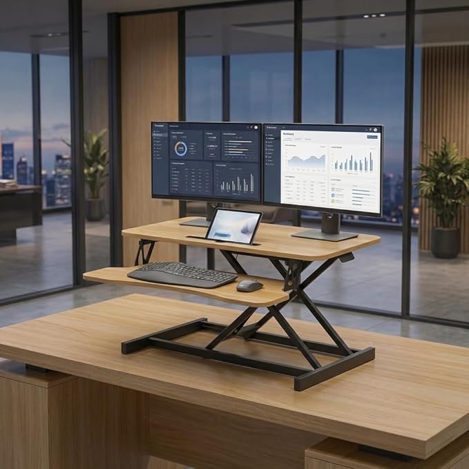 Standing Desk Converter 32" - Sit to Stand Desk Converter for Dual Monitors - Height Adjustable Desk Riser for Standing - Home Office & Corporate Use - Relieve Back Pain (Natural)