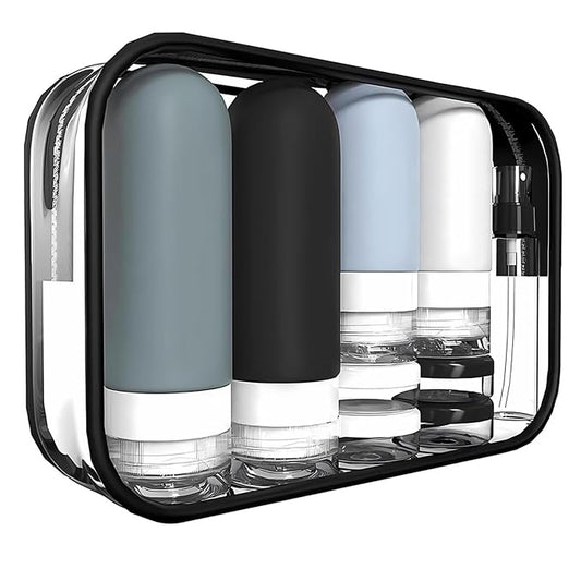 18er Pack Travel Bottles Set - TSA Approved Leak Proof Silicone Squeezable Containers for Toiletries, Conditioner, Shampoo, Lotion & Body Wash Accessories (Black)