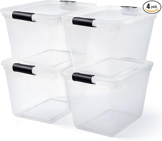 HOMZ 4-Pack 31 Quart Latching Lid, Clear Plastic Storage Organizer Bins, Gray – Stackable Containers for Home & Office Shelves, Kitchen, Garage, and Bathroom Organization