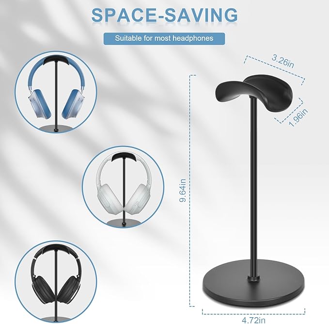 T-fun Headphone Stand, Curved Headset Stand with Aluminum Rod ABS Solid Base Gaming Headset Holder for Desk Headphone Accessories for Organization and Display, Black
