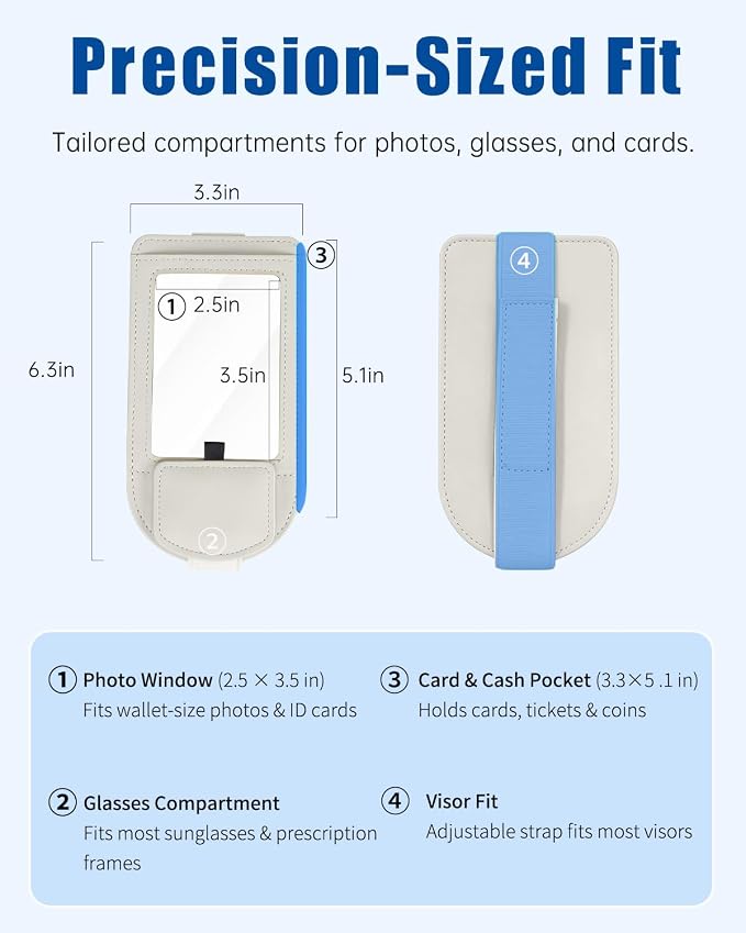 Car Visor Sunglasses Holder, 3 in 1 Glasses Clip with Photo Picture Display & Extra Storage Pocket, Anti-Slip Universal Sun Visor Organizer, 2026 Upgraded (1, Off-White)