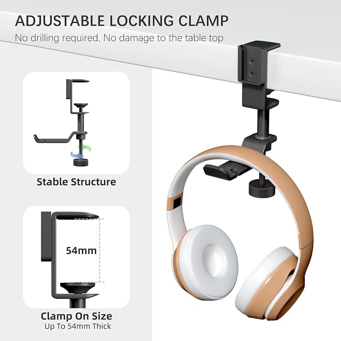 CUBE TECH 5 in 1 Desk Pencil Holder - Clamp on Under Desk Headphone Hanger - Rotating Headphone Holder Detachable Pen Holder Desktop Storage