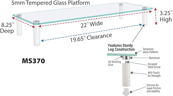 Kantek Glass Monitor Riser with 5mm Tempered Glass Platform and 40-Pound Capacity, 22-Inch W x 8.25-Inch D x 3.25-Inch H, Clear Glass (MS370)