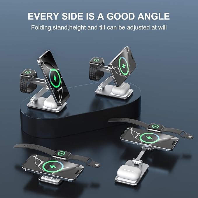 Wireless Charger 3 in 1,Foldable Wireless Charging Station for Apple MagSafe Charger,Aluminum Portable Magnetic Travel Charger Stand for iPhone,Watch,Aipods (with 20W Adapter & Case)