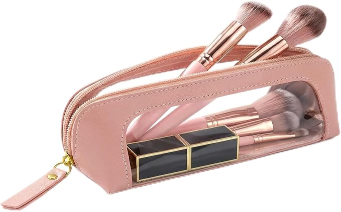 LETGO 2Pack Clear Makeup Bags Set,Clear Travel Makeup Brush Holder,Portable Leather Pencil Case Holder Travel Toiletry Bag for Women (Chic Pink)