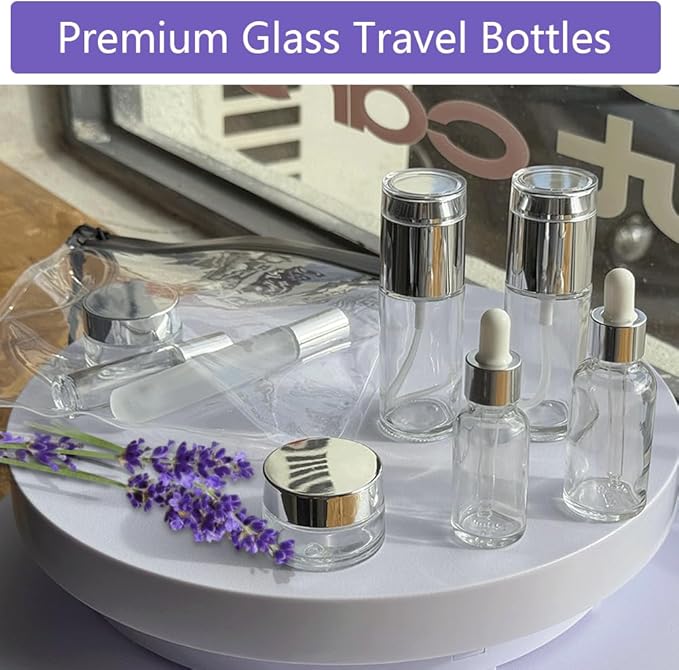 18Pack Glass Travel Bottles for Toiletries, TSA Approved Glass Travel Containers 1.35/0.7/1 oz Silver Small Travel Bottles with Label, BPA Free Leak Proof with Pump Spray Bottles for Makeup, Skincare