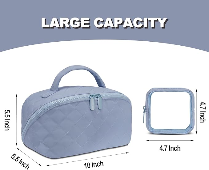 Makeup Bag,Quilted Puffer Cosmetic Bag for Women, 180° Lay-Flat Travel Make up Bag, Waterproof Large Capacity Toiletry Bag with Sturdy Zippers, Portable Makeup Organizer for Travel & Daily Use