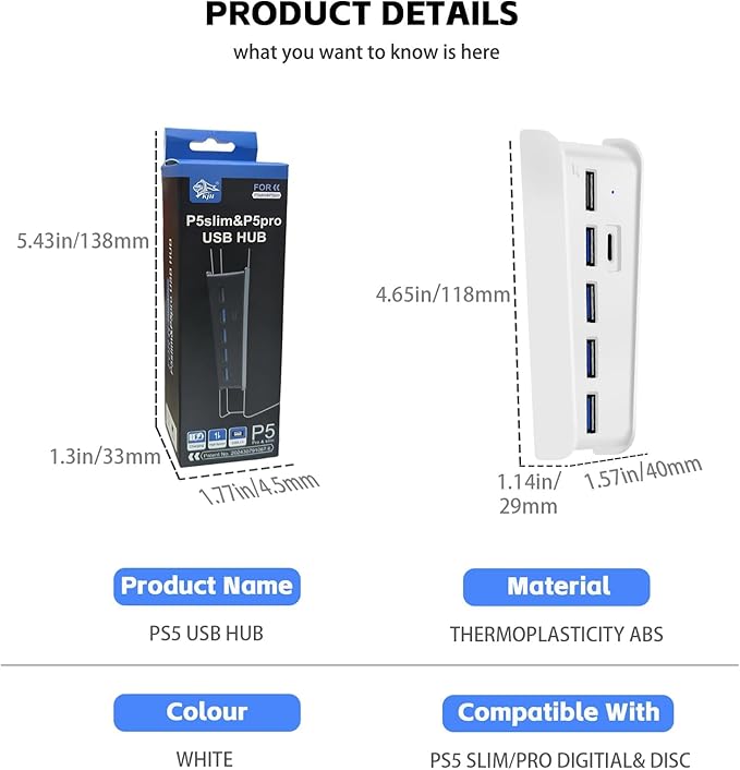 6 Ports USB Hub for PS5 Pro/Slim Console, High-Speed Expander Hub Charger Port with 4 USB-A 2.0 + 1 USB Charging Port + 1 Type C Port, Compatible with PlayStation 5 Pro/Slim Front Jacks, White