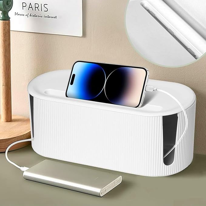 Cable Management Box,Desk Cord Organizer with Groove Cover,Plastic Cord Hider Box,Large Cable Box Organizer,Power Socket Management for TV/Computer/Router/Games Console Cable Storage (White)