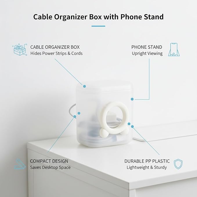 Desktop Cable Organizer Box, Compact Cord Management for Cables & Chargers, PP Plastic Case