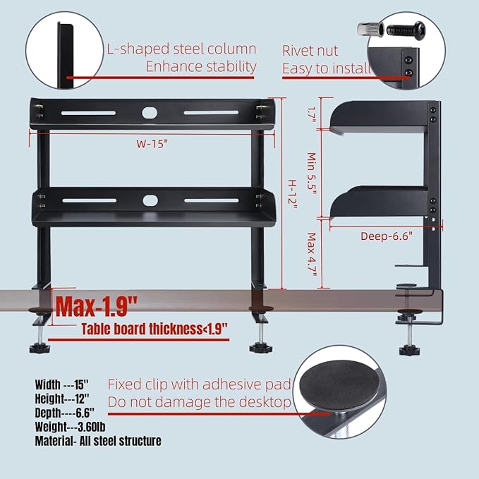 CanKing Clamp Desk Shelf 2 Layer Clip On or Under Table Organizer, Black, 15 inch