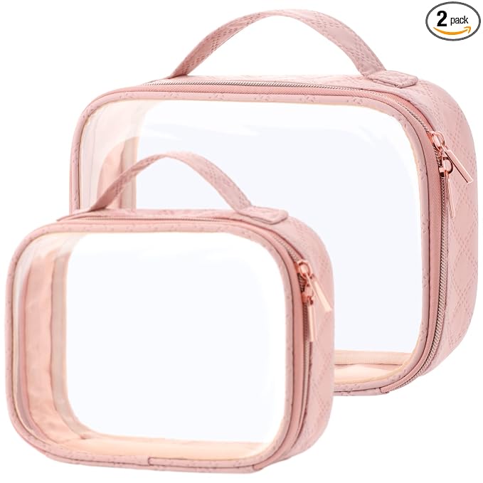 PACKISM Clear Makeup Bag Combo Pack, 1 TSA Approved Medium & Large for Checked Luggage, Clear Toiletry Bag with Handle, Water-resistant Travel Essentials Organizer, Rose Pink