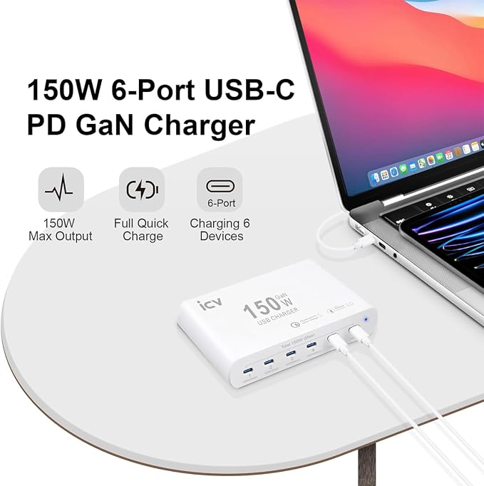icv 150W PD Fast USB C Charging Station for Multiple Devices, 6-Port GaN 100W Type C Laptop Fast Charger Multiport USB Charging Station for MacBook, iPhone, Samsung, Galaxy, iPad, Android, White