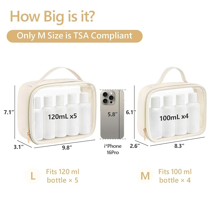 PACKISM Clear Makeup Bag Combo Pack, 1 TSA Approved Medium & Large for Checked Luggage, Clear Toiletry Bag with Handle, Water-resistant Travel Essentials Organizer, Creamy Off-White