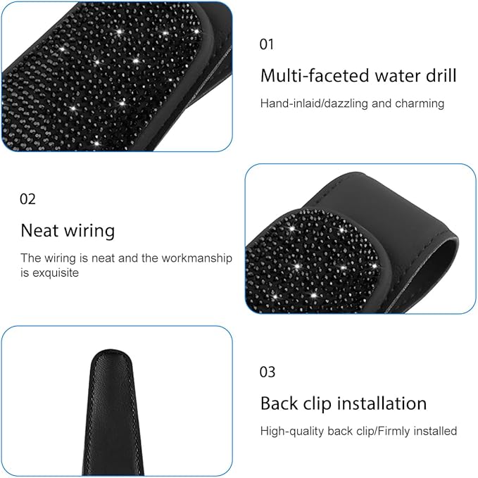HZEL Bling Sunglass Holder for Car Sun Visor, Magnetic Leather Crystal Rhinestones Vehicle Eyeglasses Visor Clip, Diamond Automotive Glasses Hanger Mount, Universal for SUV RV Truck (Black)
