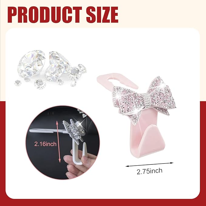 2 PCS Bling Bow Car Headrest Hook, S Type PVC Seat Back Hanger for Purses Bags Grocery, Sparkling Rhinestone Car Seat Hook Storage Decor, Universal for Most Vehicles (Pink)
