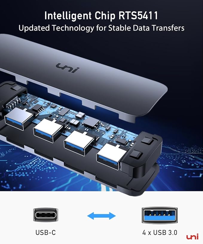 uni USB C to USB Hub Multiport Adapter, Aluminum 4 Ports USB C Splitter for Laptop, Slim Thunderbolt 3/4 Data USB Hub Compatible for MacBook Pro/Air, iPad Pro, Dell, Chromebook | Keyboard, Mouse, HDD