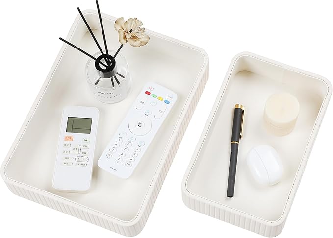 Desk Organizer Tray, PU Leather Nightstand Organizer Perfume Valet Tray for Men Women, Decorative Vanity Trays Trinket Dish Key Bowl for Entryway Table (2pcs, Ivory, Large+Small)