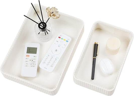 Desk Organizer Tray, PU Leather Nightstand Organizer Perfume Valet Tray for Men Women, Decorative Vanity Trays Trinket Dish Key Bowl for Entryway Table (2pcs, Ivory, Large+Small)